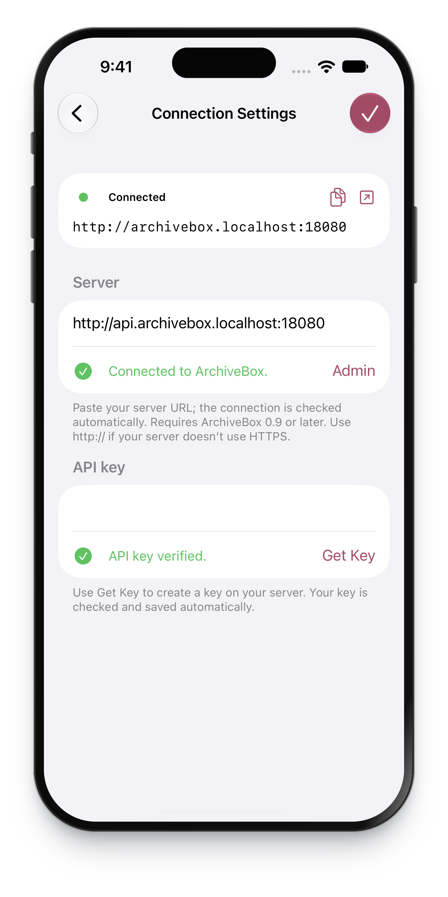 Connection Settings on iPhone with a verified server URL and API key