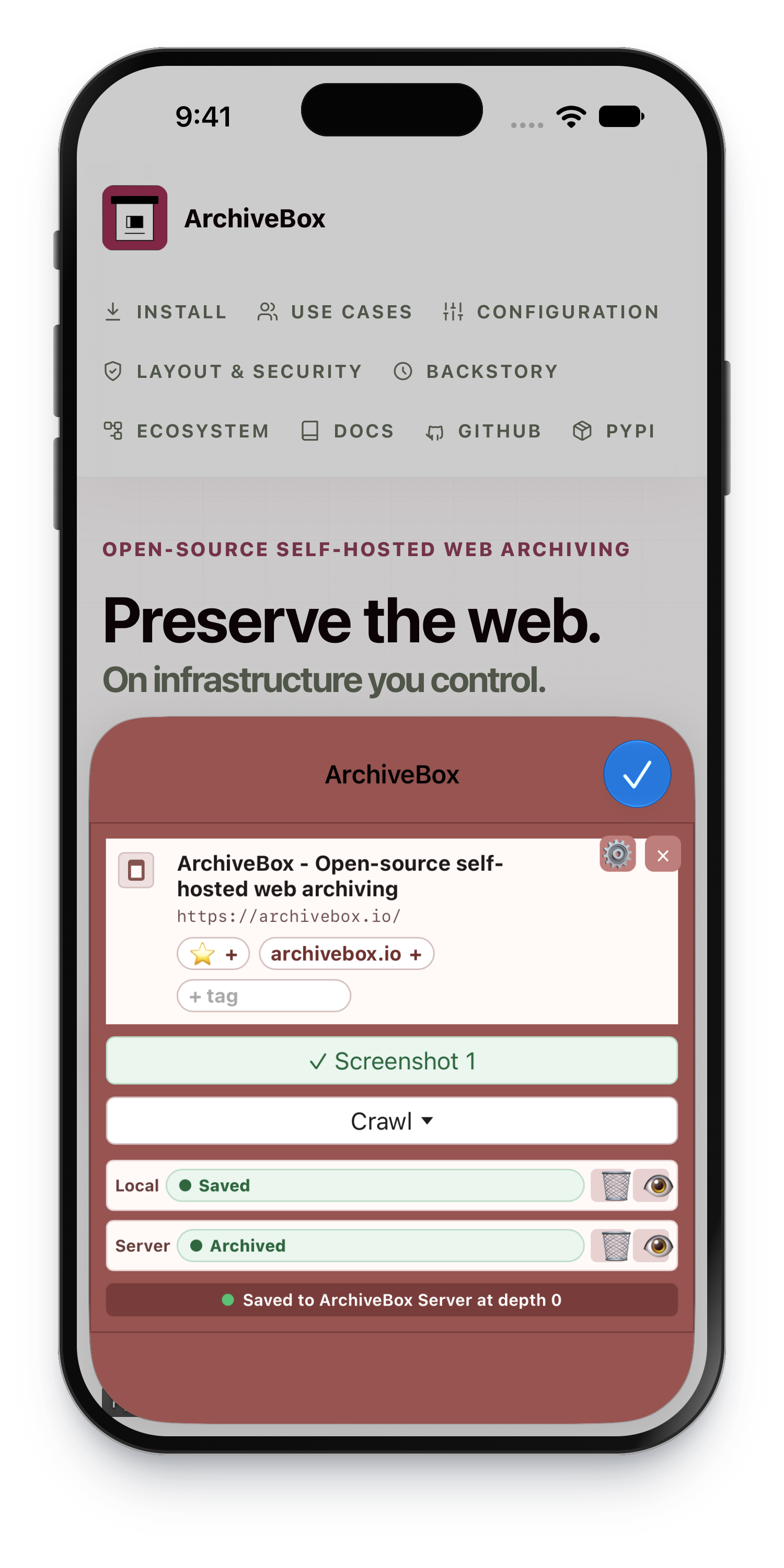 The ArchiveBox browser extension in mobile Safari, showing a page successfully archived to the server