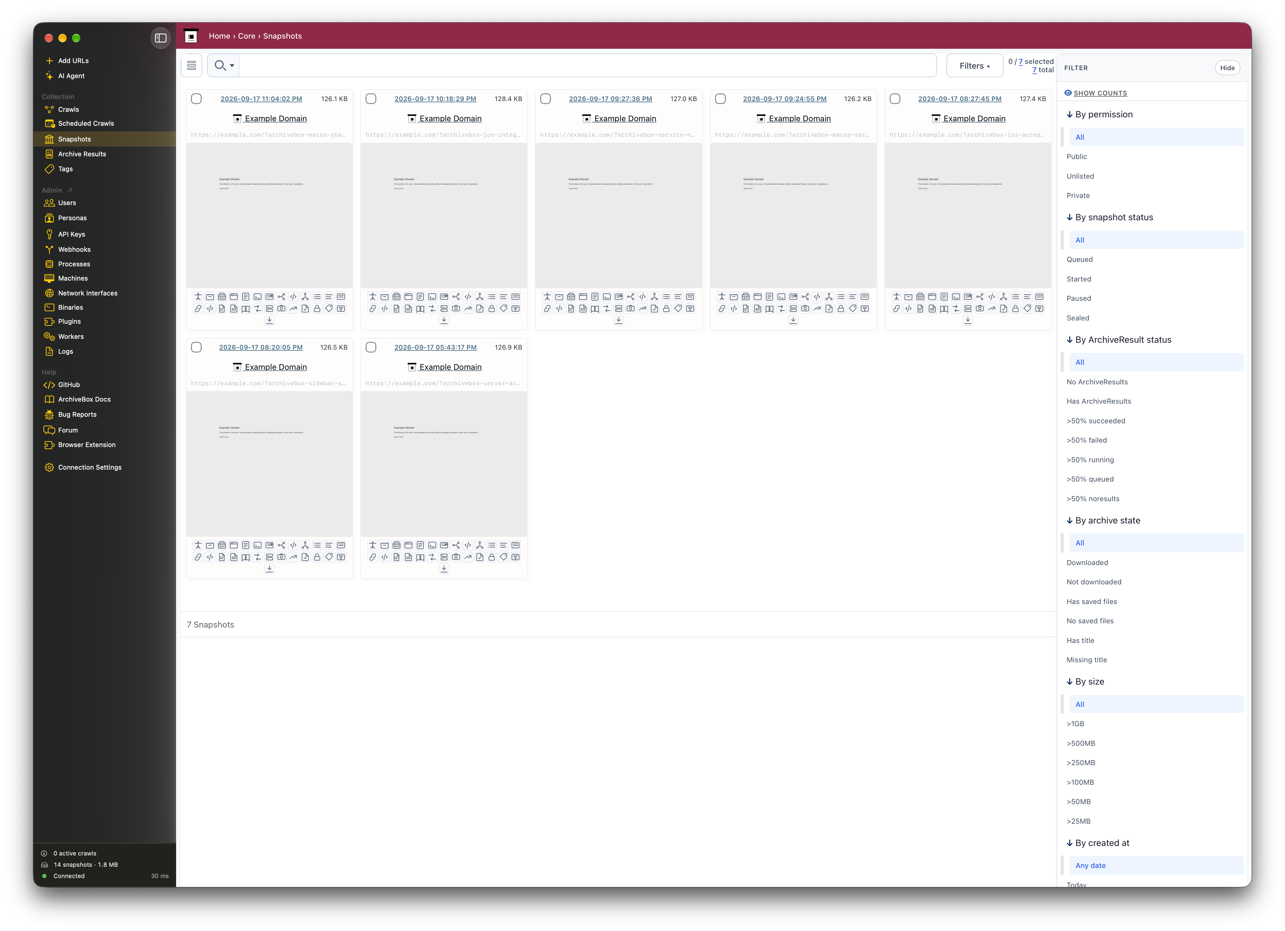 ArchiveBox.app on macOS, showing saved snapshots and the Collection and Admin sidebar