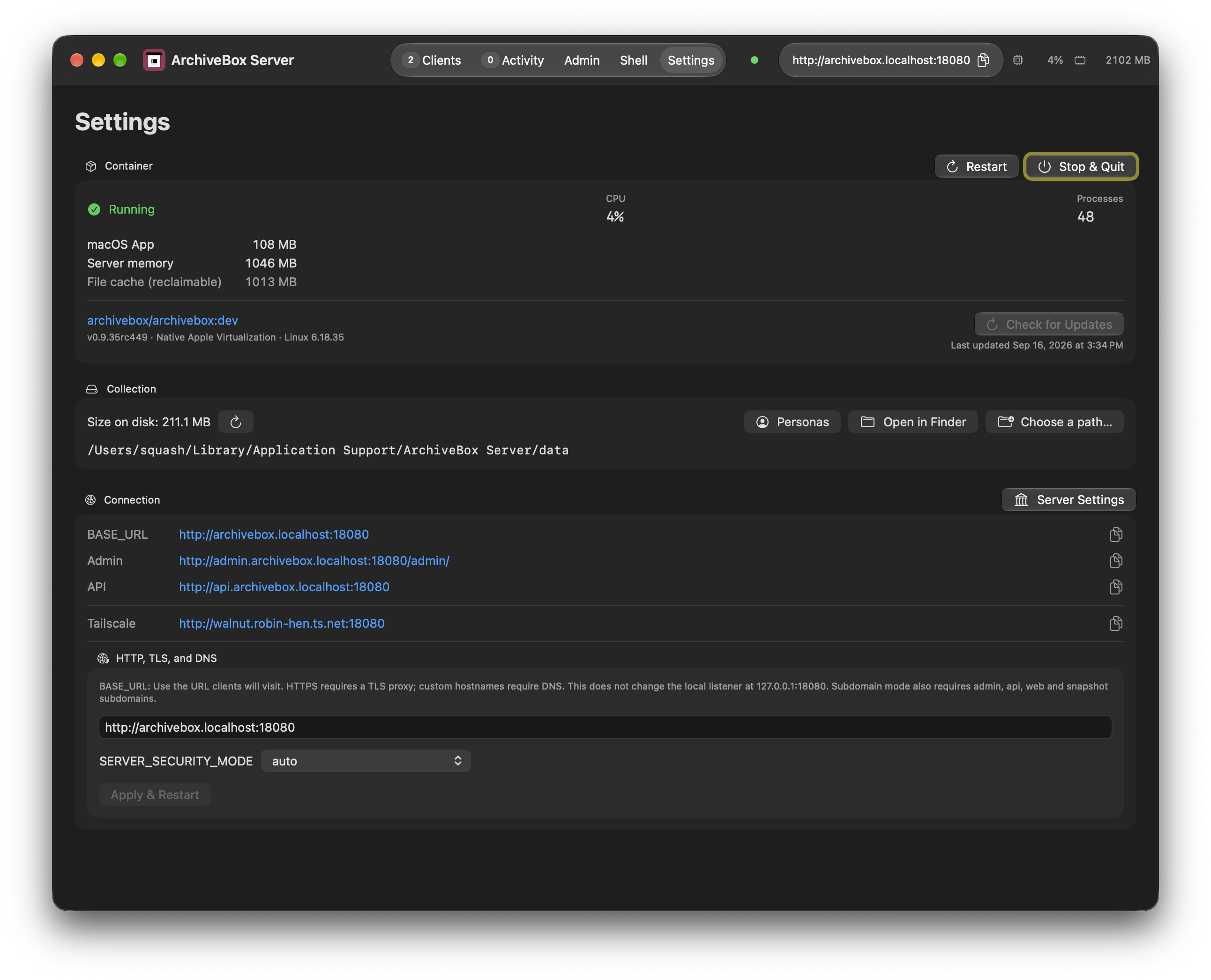 ArchiveBox Server settings with resource usage, storage, and connection details